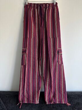 Peru/Ecuador Handmade Cotton Pink Striped Unisex Pants Joggers Size Large